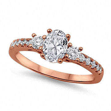 3 Stone Engagement Ring Oval Rose Tone, Simulated Cubic Zirconia 925 Sterling Silver